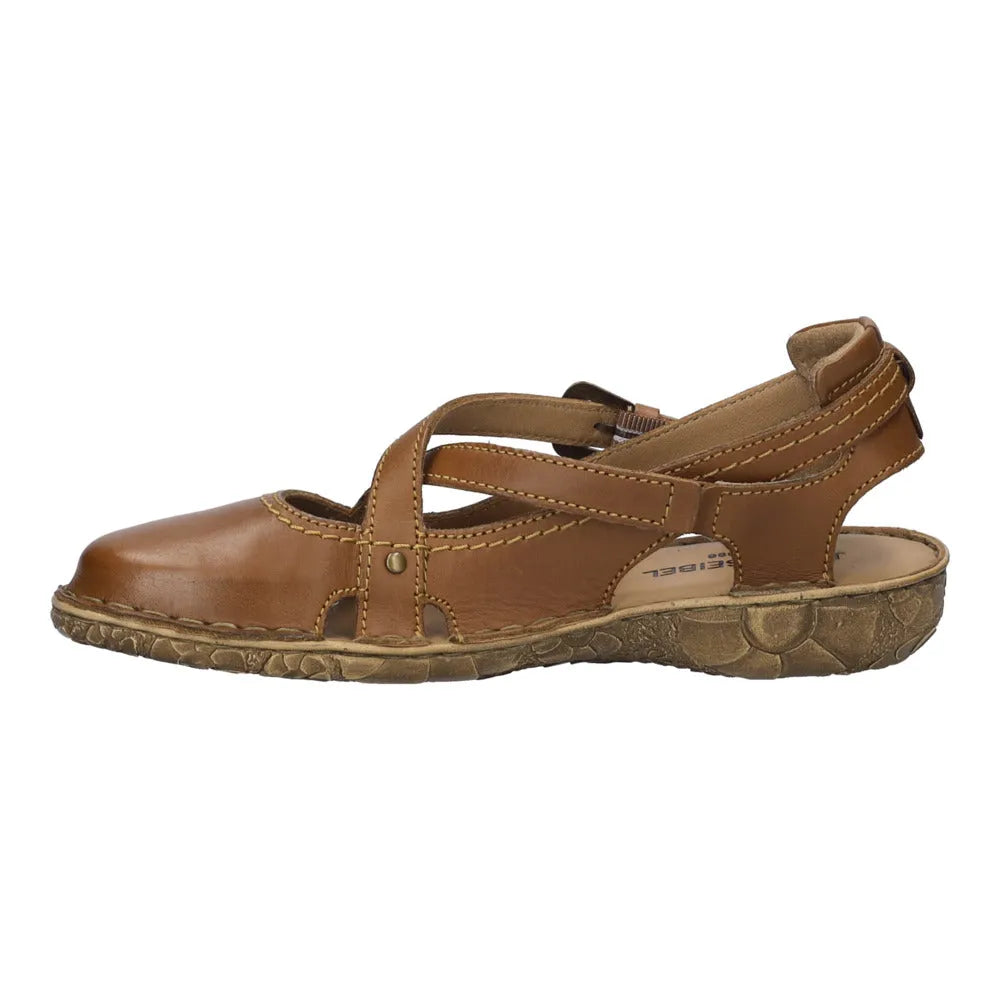 Josef Seibel Rosalie 13 women's cognac brown leather buckle sandals with open toe and adjustable ankle strap.