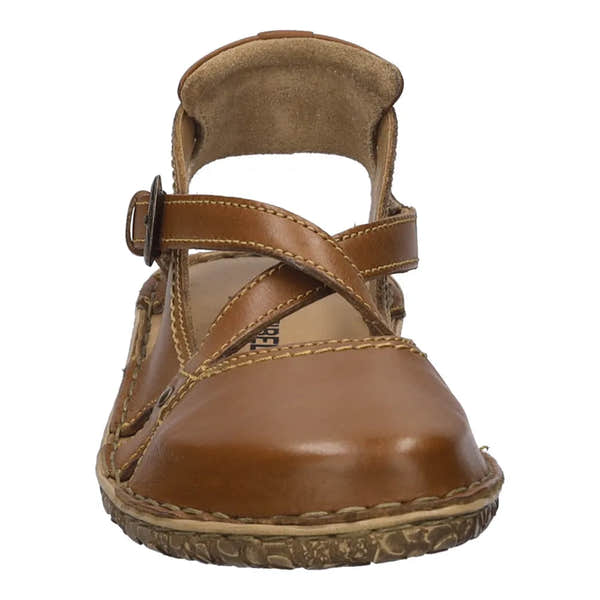 Josef Seibel Rosalie 13 women's cognac brown leather buckle shoes, casual comfort footwear with crossed straps and a sturdy sole.
