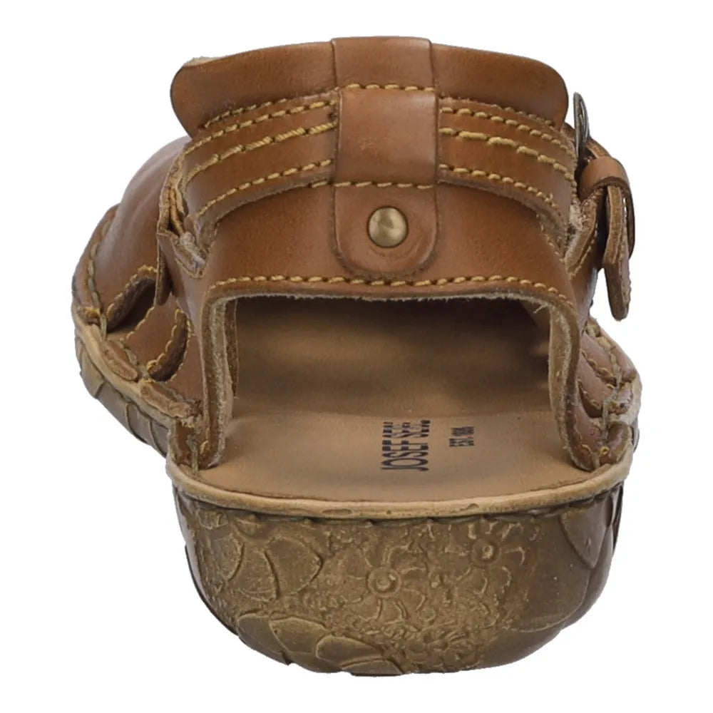 Josef Seibel Rosalie 13 ladies cognac brown leather buckle sandals with cushioned insole and textured rubber sole.