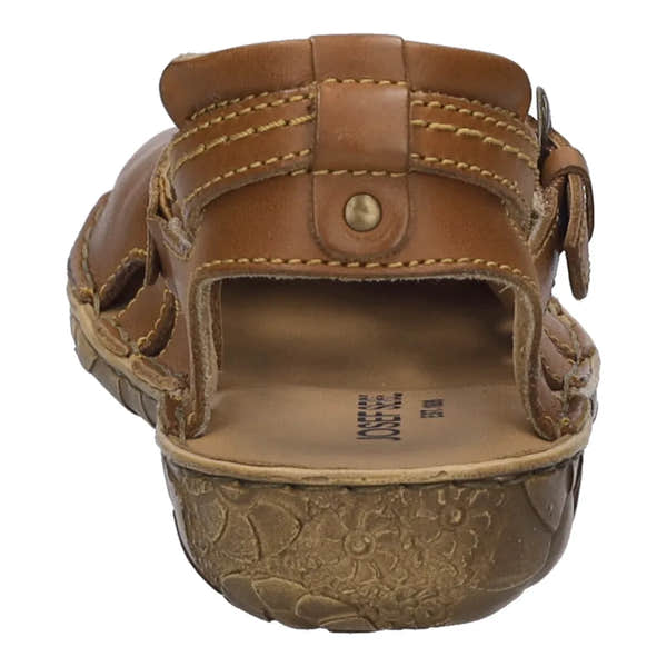 Josef Seibel Rosalie 13 ladies cognac brown leather buckle sandals with cushioned insole and textured rubber sole.
