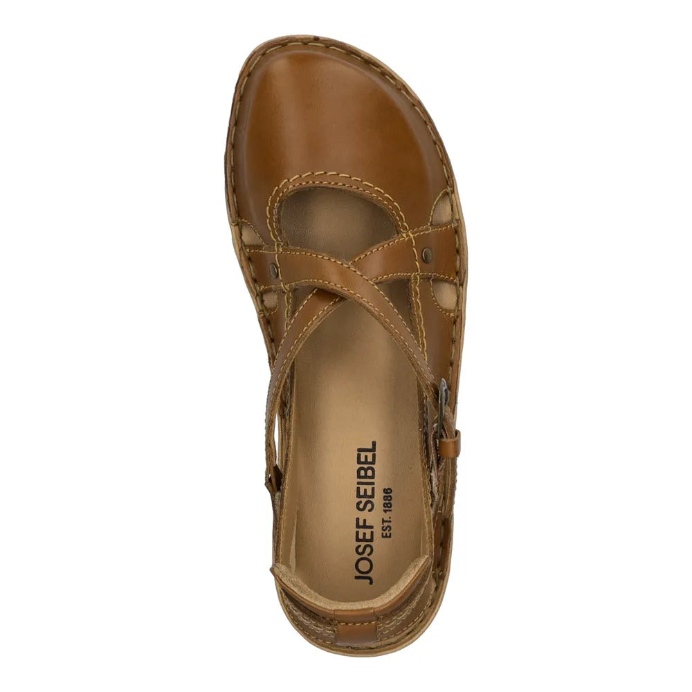 Josef Seibel Rosalie 13 women's cognac brown leather buckle shoes with cross strap design and cushioned insole.