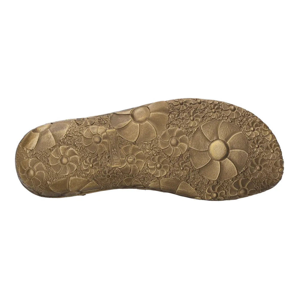 Josef Seibel Rosalie 13 ladies cognac brown leather buckle shoes with floral patterned sole.