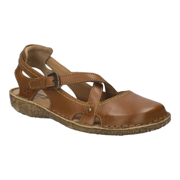 Josef Seibel Rosalie 13 ladies cognac brown leather buckle shoes with closed toe and adjustable ankle strap.