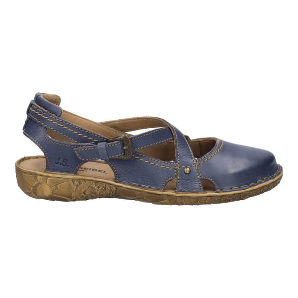 Josef Seibel Rosalie 13 ladies navy leather buckle shoes with open toe and adjustable ankle strap. Comfortable, stylish women’s footwear.