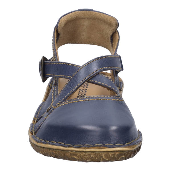 Josef Seibel Rosalie 13 Ladies navy leather buckle sandals with open toe and ankle strap, cushioned footbed, and flexible sole.