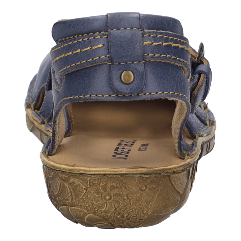 Josef Seibel Rosalie 13 women's navy leather buckle sandals with cushioned footbed and textured rubber sole.