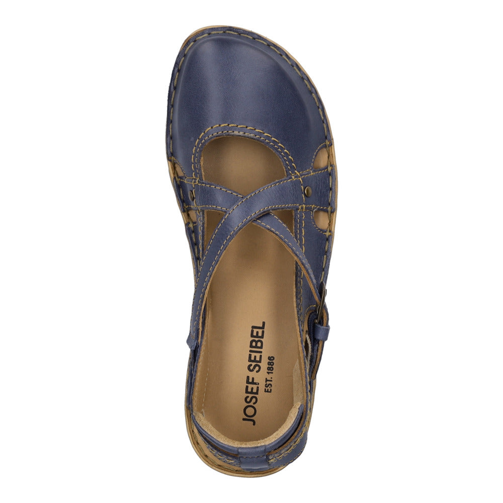 Josef Seibel Rosalie 13 ladies navy leather buckle shoes, closed toe, strap closure, stylish comfort footwear.