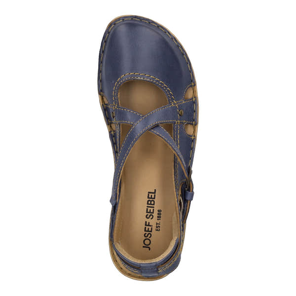 Josef Seibel Rosalie 13 ladies navy leather buckle shoes, closed toe, strap closure, stylish comfort footwear.