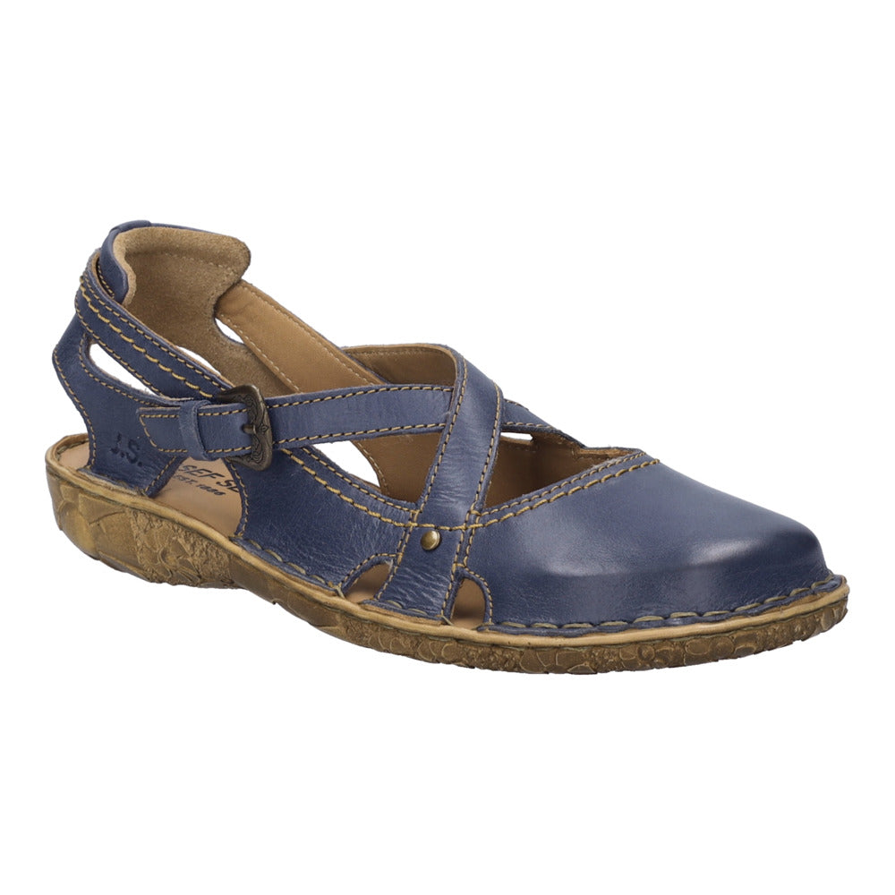 Josef Seibel Rosalie 13 ladies navy leather buckle Mary Jane shoes with open toe and cushioned sole.