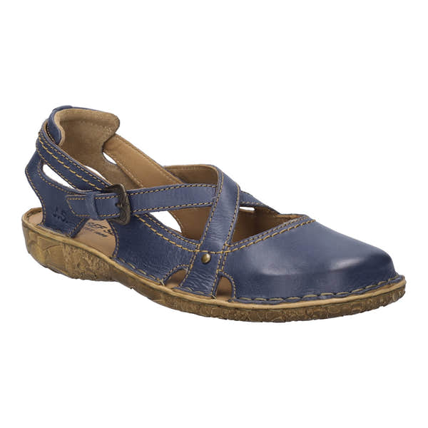 Josef Seibel Rosalie 13 ladies navy leather buckle Mary Jane shoes with open toe and cushioned sole.