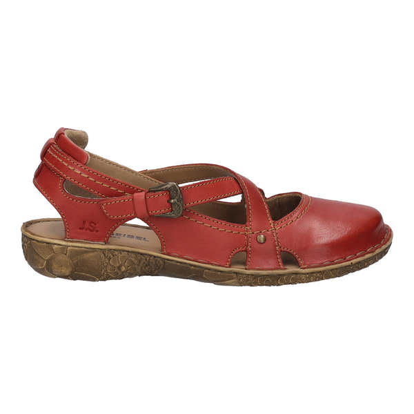 Josef Seibel Rosalie 13 ladies ruby red leather buckle shoes with open toe and adjustable ankle strap.