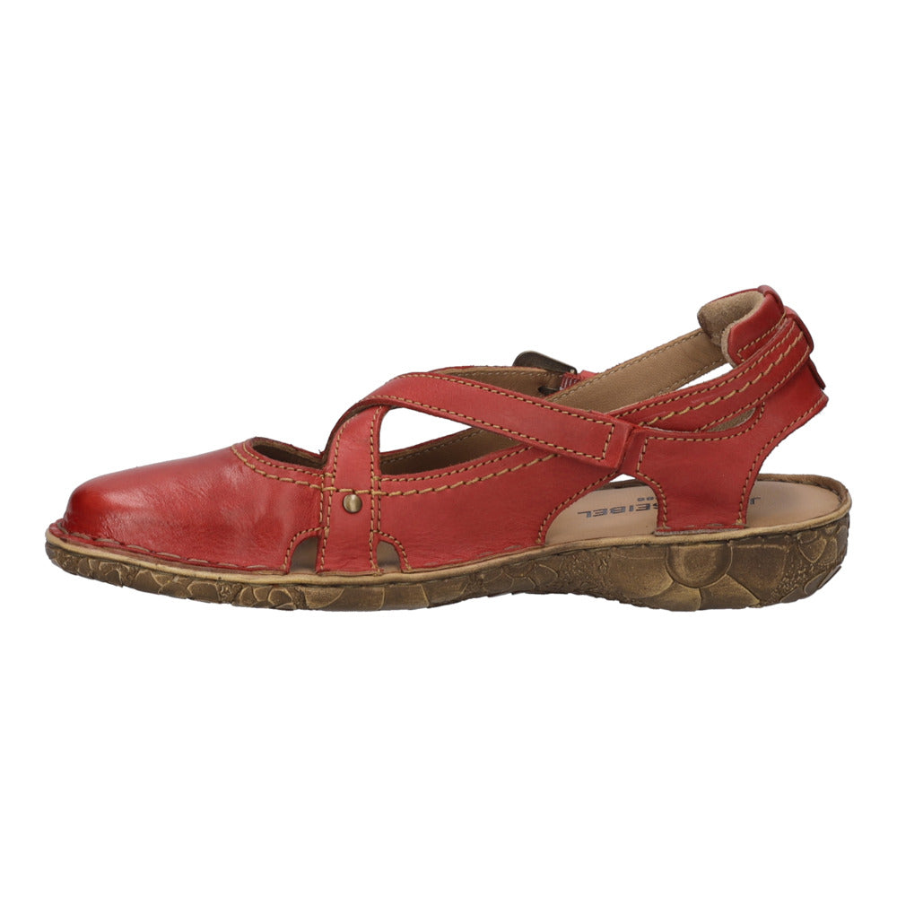Josef Seibel Rosalie 13 ladies' ruby red leather buckle sandals with open toe and adjustable strap.