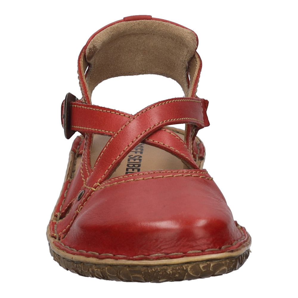 Josef Seibel Rosalie 13 ladies ruby red leather buckle sandal with ankle strap and cushioned insole.