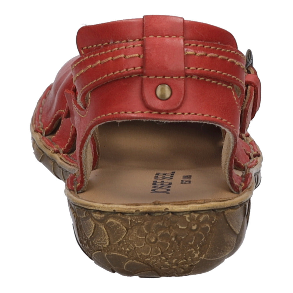 Josef Seibel Rosalie 13 Ladies Ruby Red Leather Buckle Sandals with Open Toe and Back Strap.