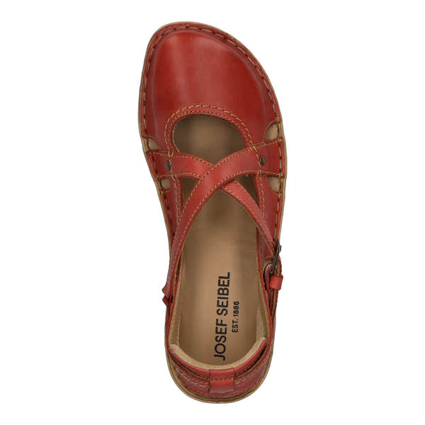 Josef Seibel Rosalie 13 Ladies Ruby Red Leather Buckle Shoes, open-toe sandals with cross straps, cushioned insole, and adjustable buckle.
