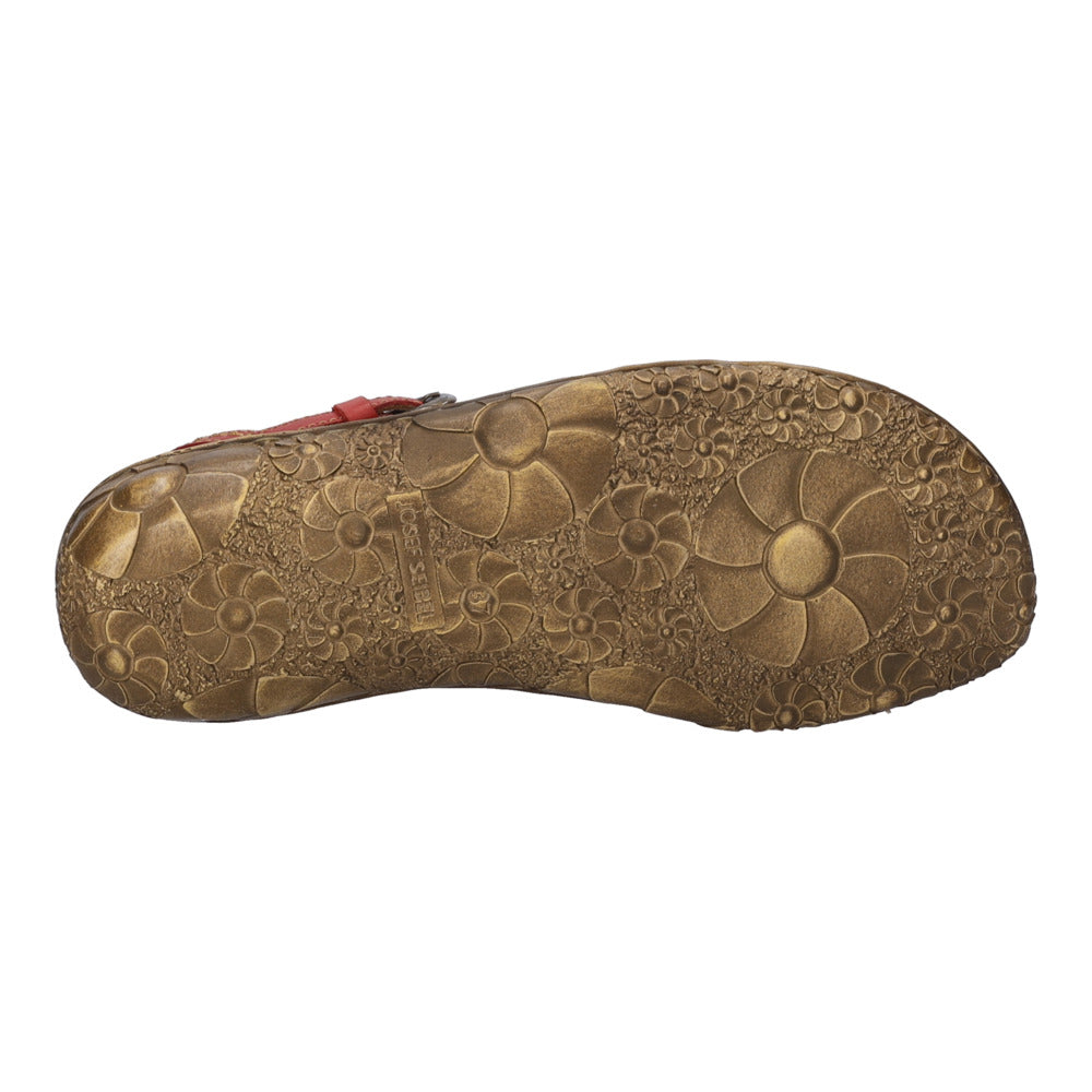 Josef Seibel Rosalie 13 Ladies Ruby Red Leather Buckle Shoes with floral patterned sole and comfortable design.