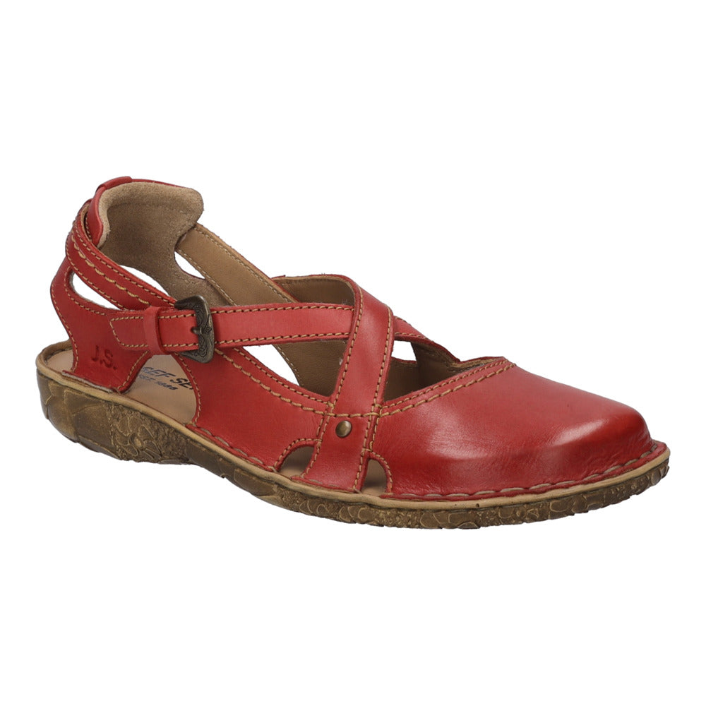 Josef Seibel Rosalie 13 Ladies Red Leather Buckle Shoes with open-toe design and adjustable strap.
