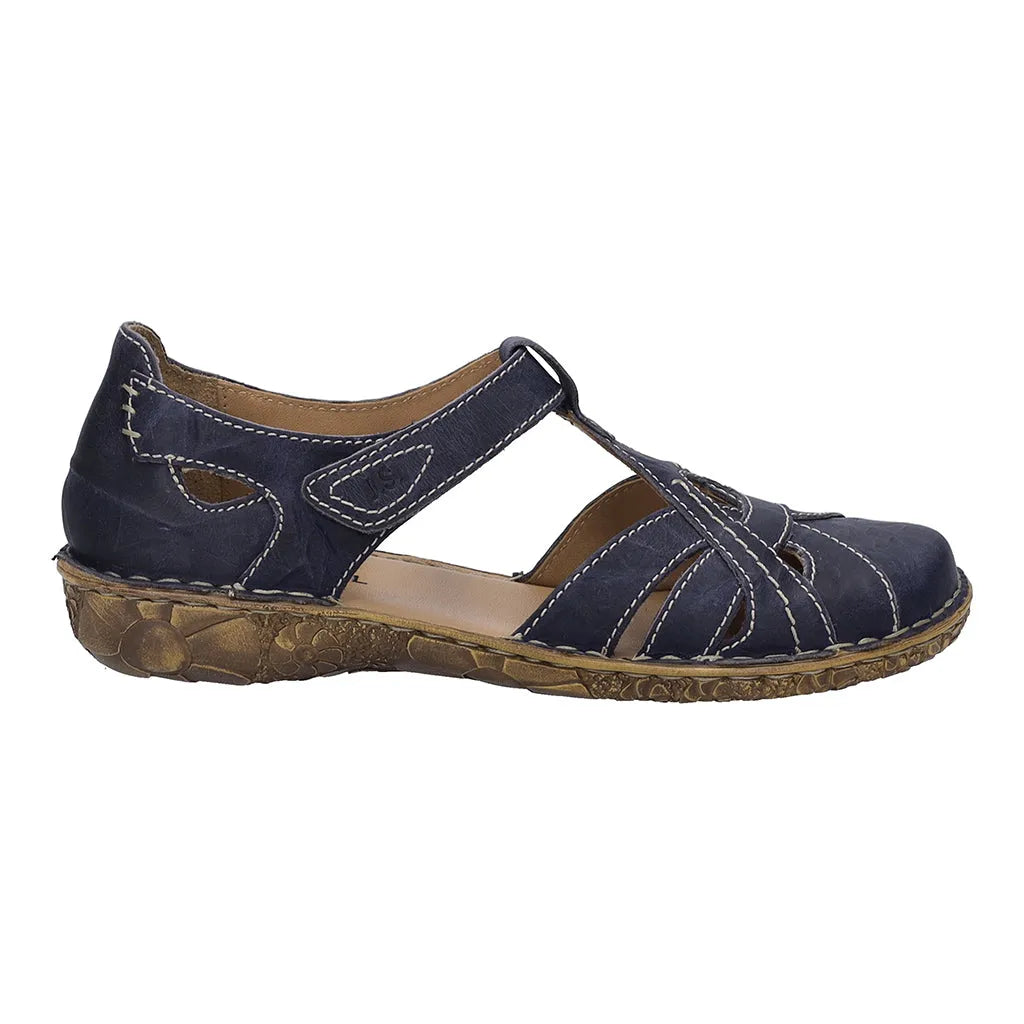 Josef Seibel Rosalie 29 ladies navy leather buckle flats with closed toe and supportive sole.
