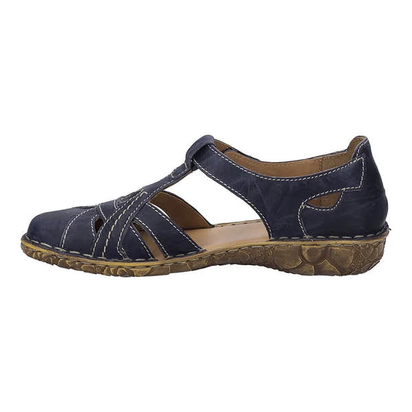 Josef Seibel Rosalie 29 ladies navy leather buckle sandals with open toes and stitched detailing, cushioned footbed, and rubber sole.