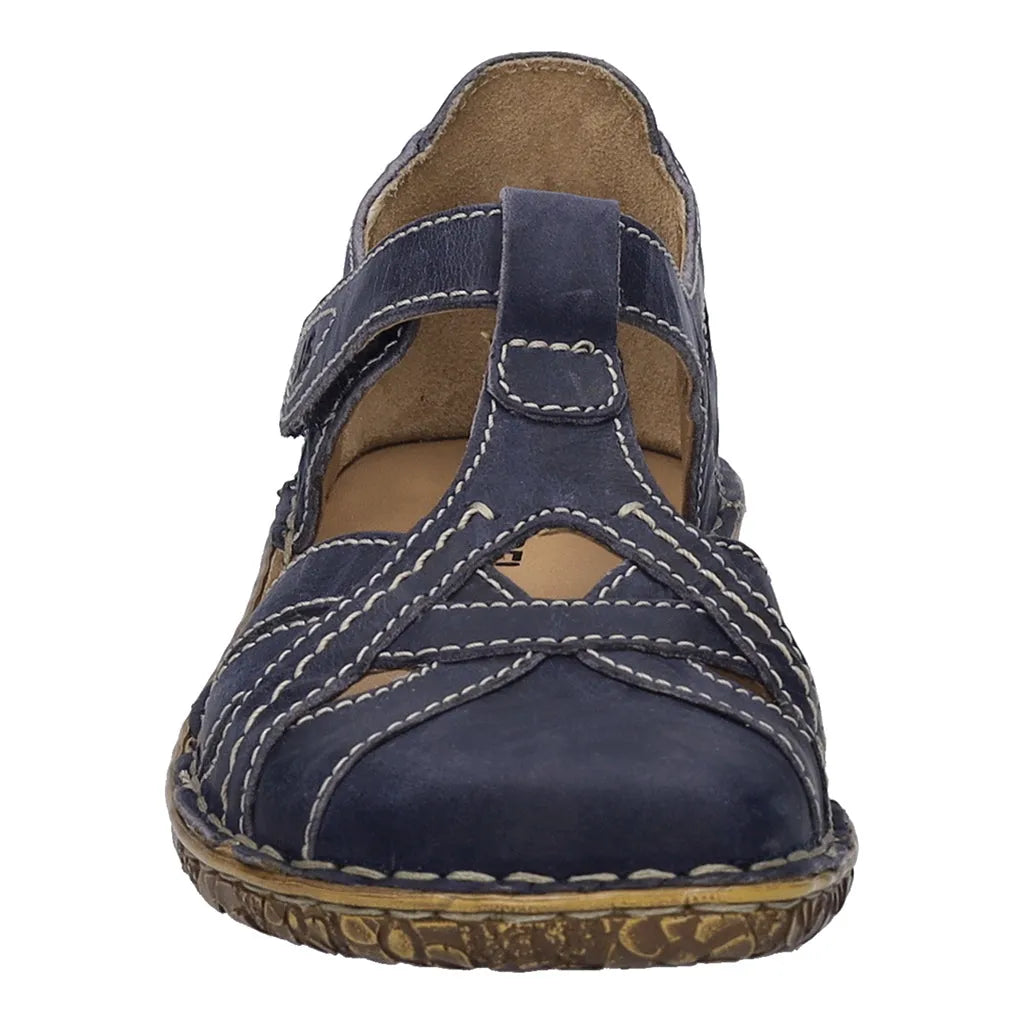 Josef Seibel Rosalie 29 Ladies Navy Leather Buckle Shoes, T-strap sandal with stitching details, cushioned footbed, and buckle closure.