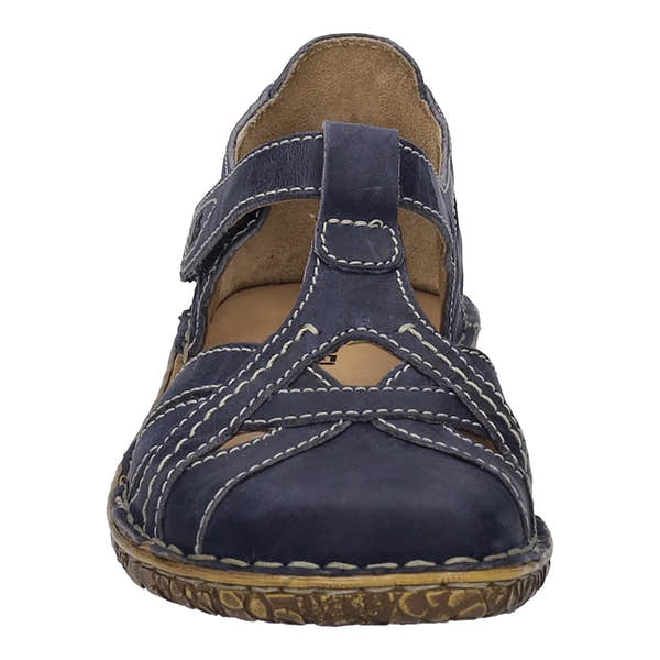 Josef Seibel Rosalie 29 Ladies Navy Leather Buckle Shoes, T-strap sandal with stitching details, cushioned footbed, and buckle closure.