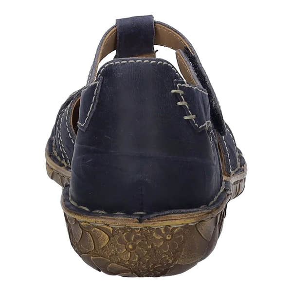 Josef Seibel Rosalie 29 Ladies Navy Leather Buckle Shoes, back view showing navy leather upper, buckle detail, and floral patterned rubber outsole.