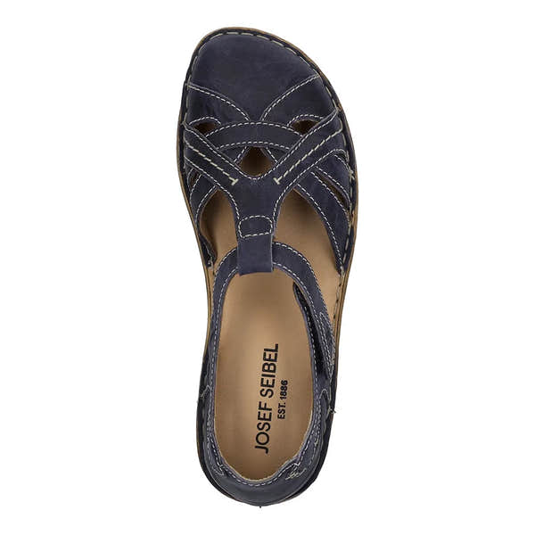 Josef Seibel Rosalie 29 navy leather ladies’ buckle sandals with stitched detailing and open toe design.