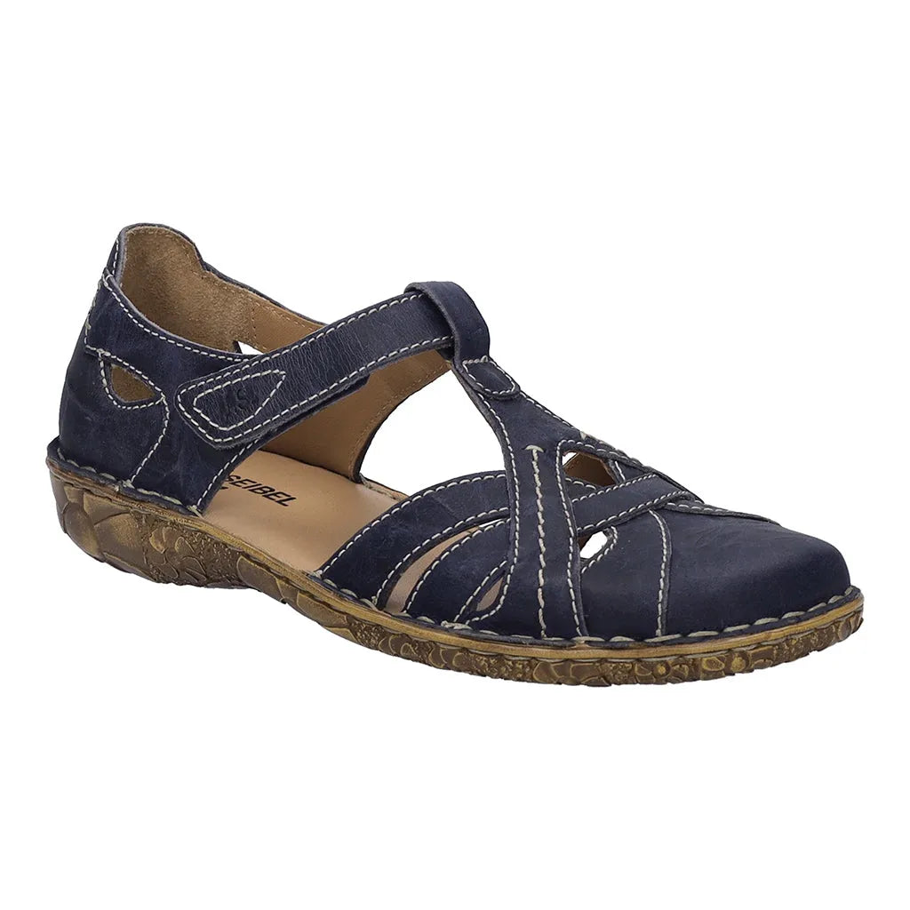 Josef Seibel Rosalie 29 women's navy leather buckle open-toe sandal with cushioned sole and textured rubber outsole.