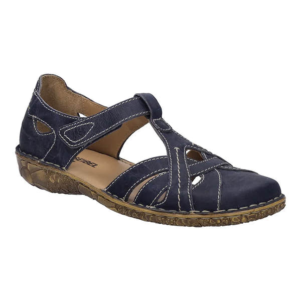 Josef Seibel Rosalie 29 women's navy leather buckle open-toe sandal with cushioned sole and textured rubber outsole.