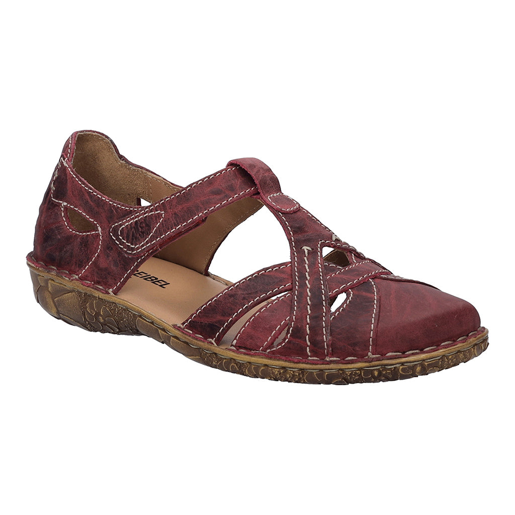 Josef Seibel Rosalie 29 women's orchid purple leather buckle sandal with cutout design and textured sole.