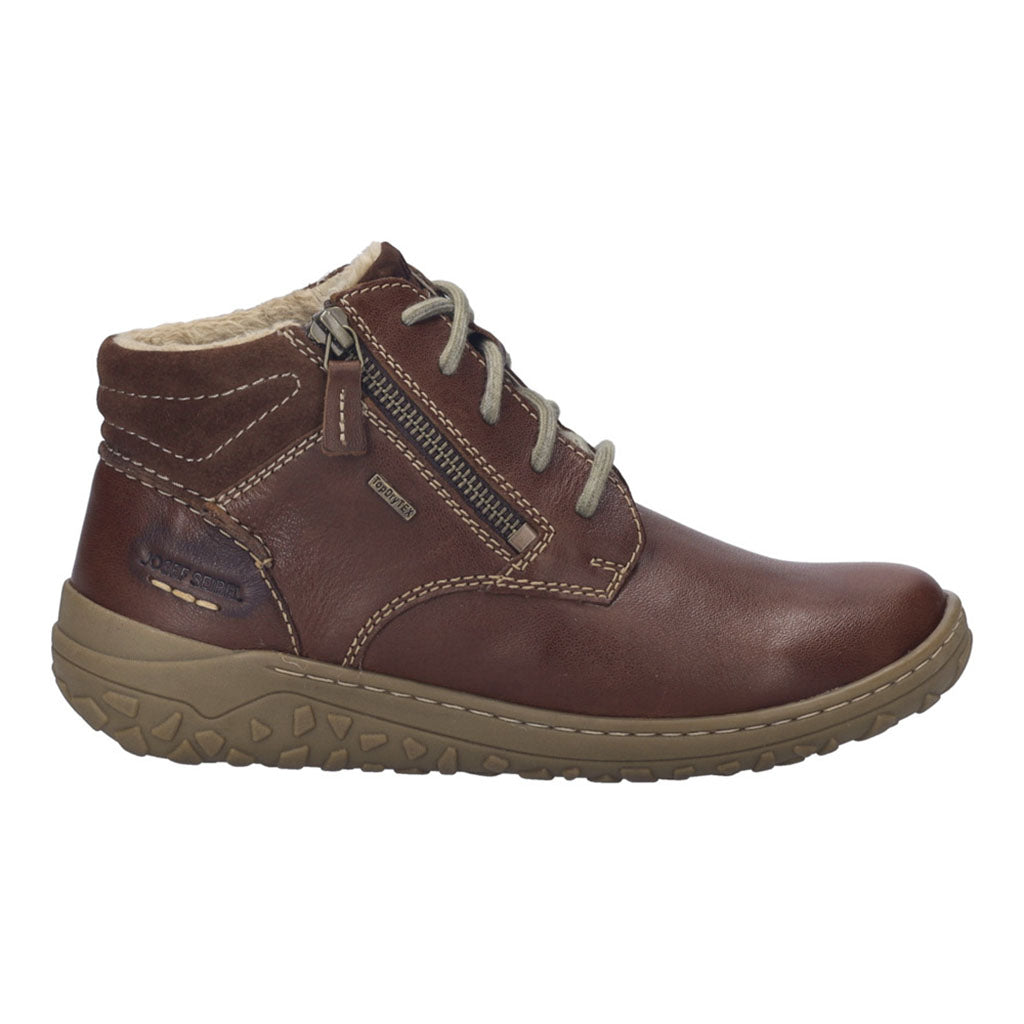 Josef Seibel Ruby 54 ladies waterproof ankle boots in chestnut brown leather with zip and lace-up closure, arch support, and rugged sole.