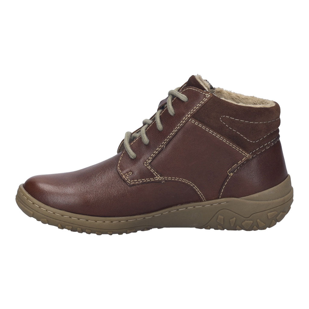 Josef Seibel Ruby 54 women's ankle boot in chestnut brown leather, waterproof with zip and lace, featuring arch support and plush lining.