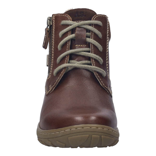 Josef Seibel Ruby 54 women's ankle boots, chestnut brown leather waterproof boots with lace and zip closure, arch support, and rugged sole.