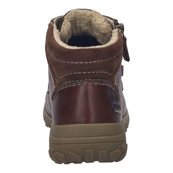 Josef Seibel Ruby 54 women's brown waterproof leather ankle boots with fleece lining, zip and lace closures, and arch support.