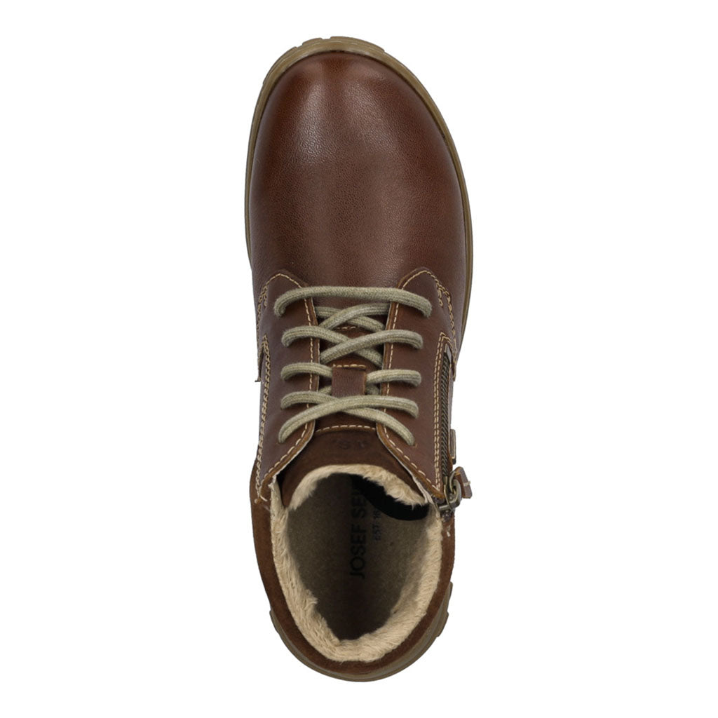 Josef Seibel Ruby 54 women's castagne brown waterproof leather ankle boots with zip, laces, and arch support, lined with cozy fur.