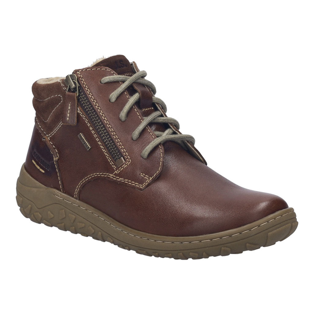 Josef Seibel Ruby 54 women's brown leather waterproof ankle boot with lace-up and zip closure, cushioned arch support, and rugged sole.