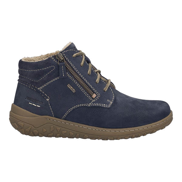Josef Seibel Ruby 54 ladies navy waterproof leather ankle boots with zip, lace-up, arch support, and cozy fleece lining.