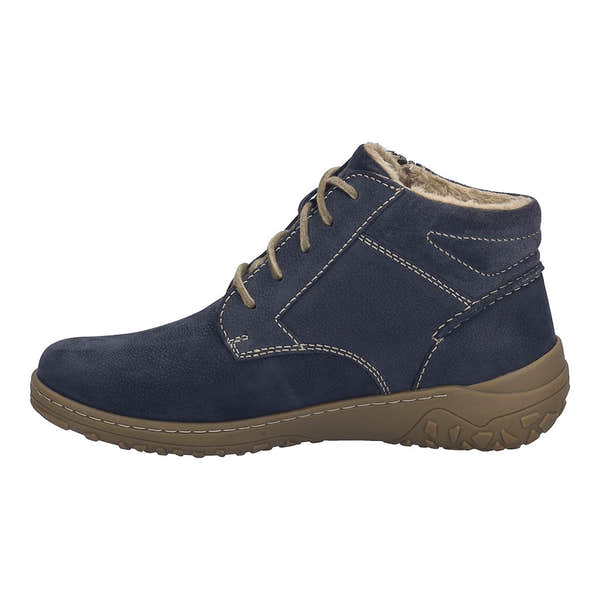 Josef Seibel Ruby 54 women's navy waterproof leather ankle boots with zip, lace-up design, arch support, and plush lining.