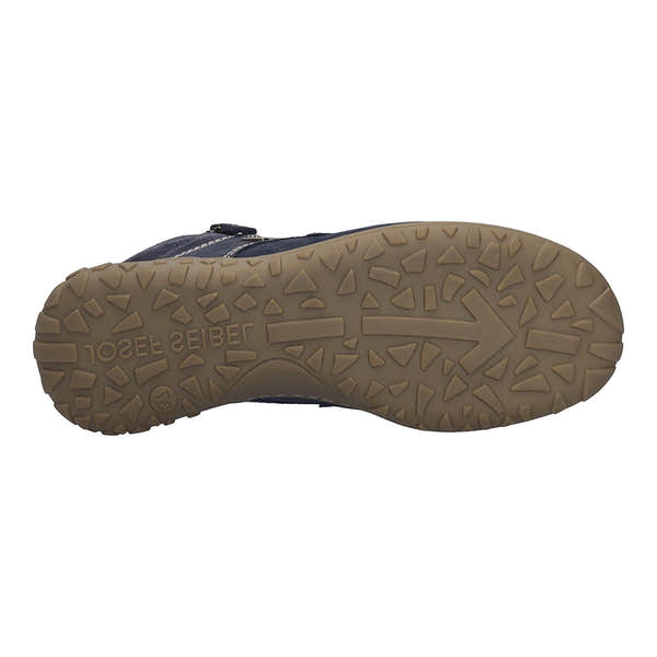 Josef Seibel Ruby 54 Ladies Indigo waterproof leather ankle boots with arch support, zip and lace closures, and rugged outsole pattern.