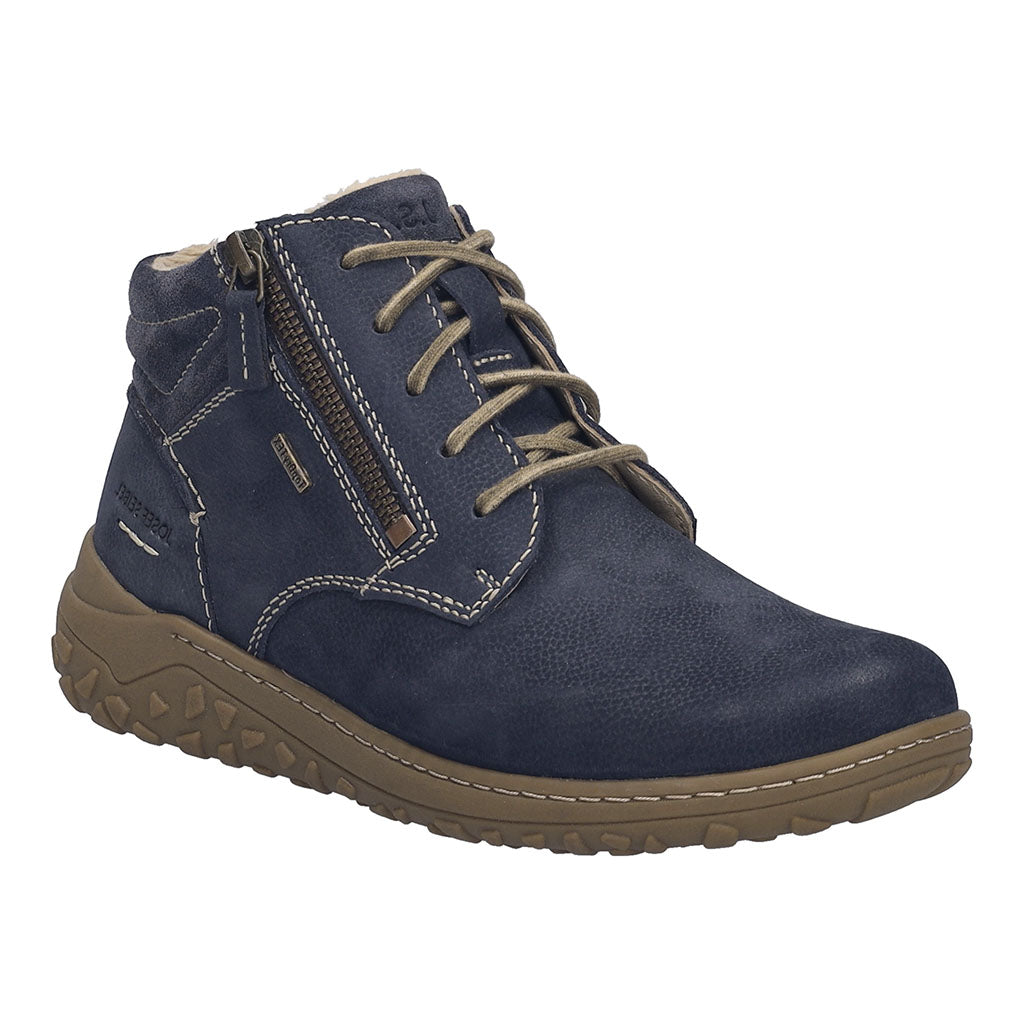 Josef Seibel Ruby 54 women's indigo leather waterproof ankle boot with zip and lace closure, arch support, rugged sole.
