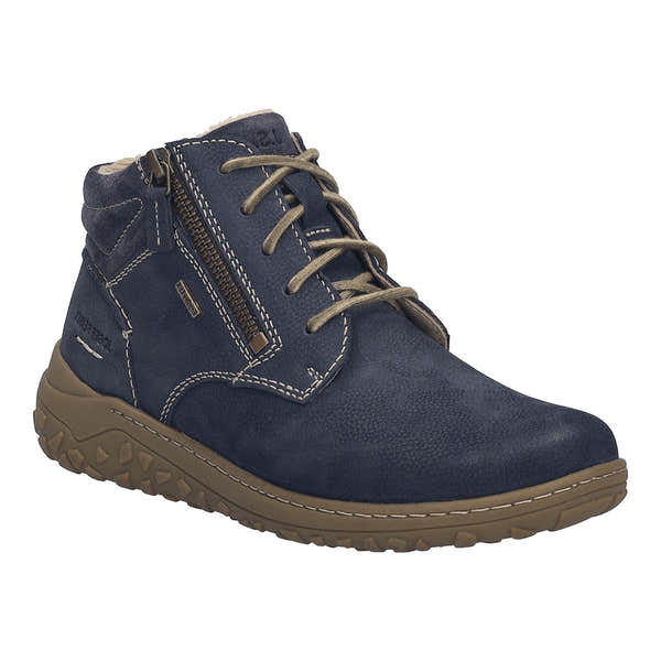 Josef Seibel Ruby 54 women's indigo leather waterproof ankle boot with zip and lace closure, arch support, rugged sole.