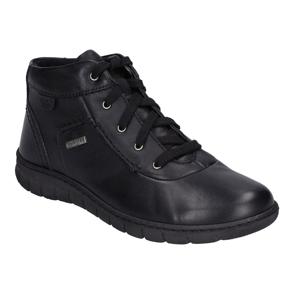Josef Seibel Steffi 53 black waterproof leather lace-up ankle boots for women. Durable, stylish, and comfortable footwear.