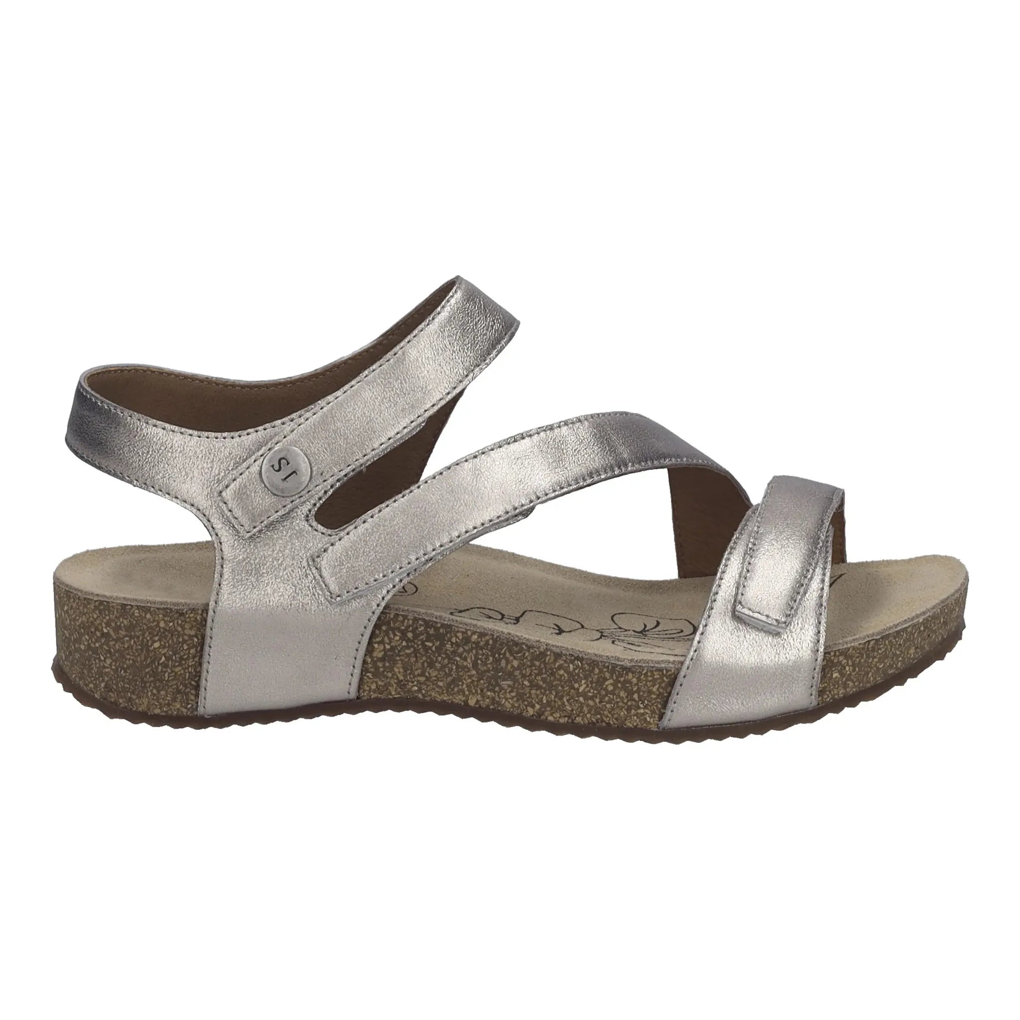 Josef Seibel Tonga 25 Ladies Champagne Silver Leather Touch Fastening Sandals with adjustable straps and cushioned sole.