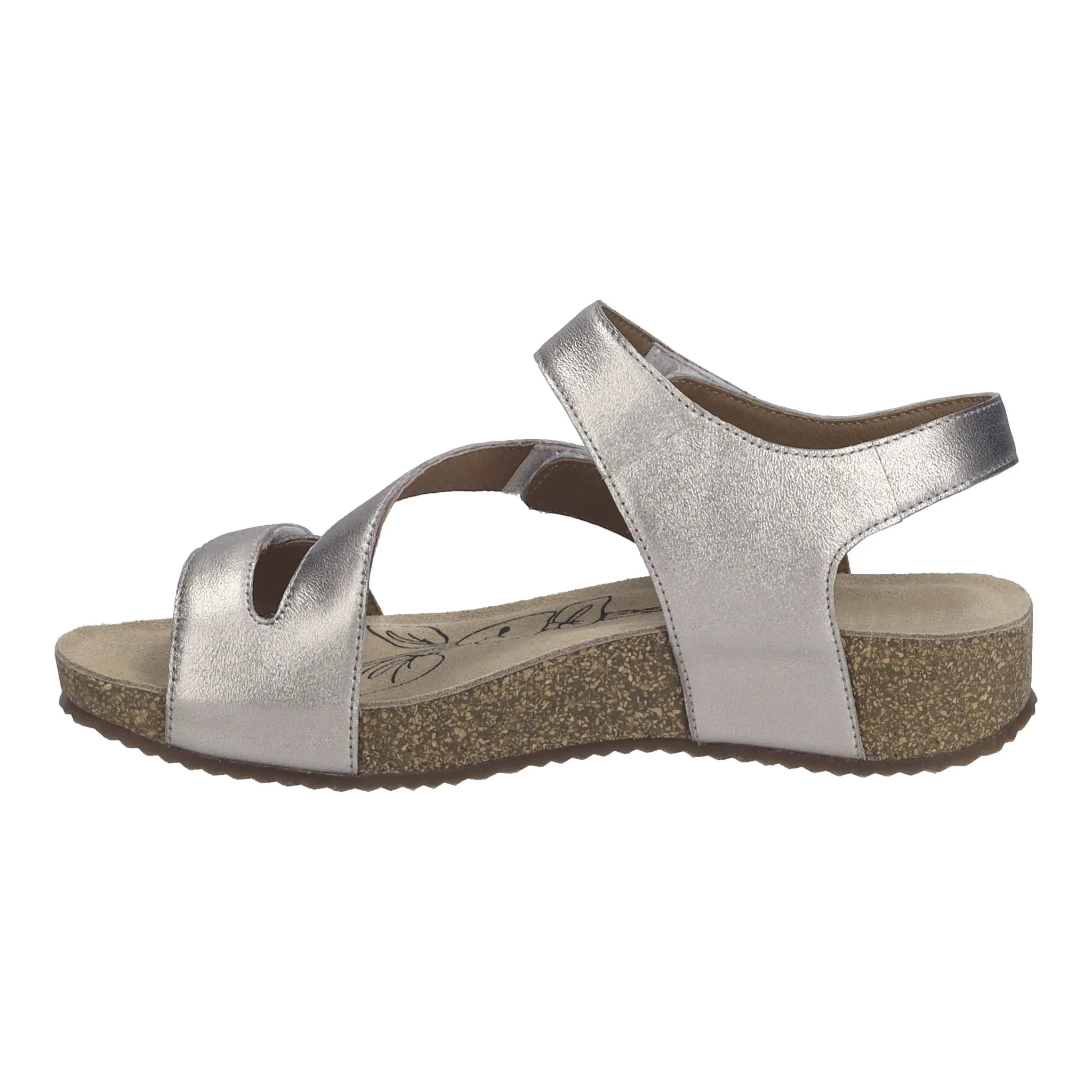 Josef Seibel Tonga 25 Ladies Champagne Silver Leather Touch Fastening Sandals with cork sole and adjustable straps.