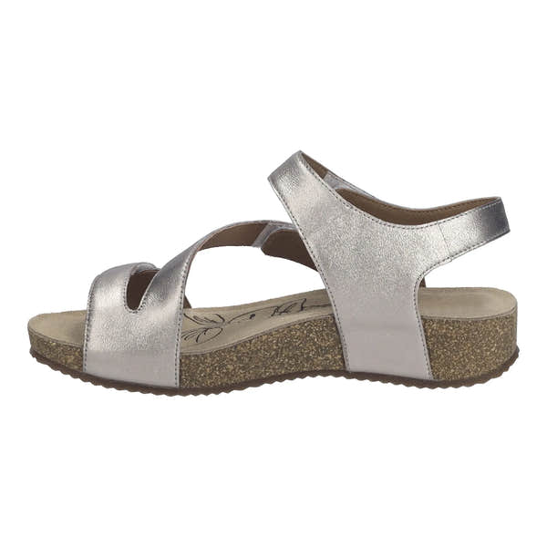 Josef Seibel Tonga 25 Ladies Champagne Silver Leather Touch Fastening Sandals with cork sole and adjustable straps.