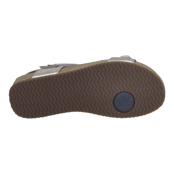 Josef Seibel Tonga 25 Ladies Champagne Silver Leather Sandals with Touch Fastening, cushioned sole, and textured rubber outsole.