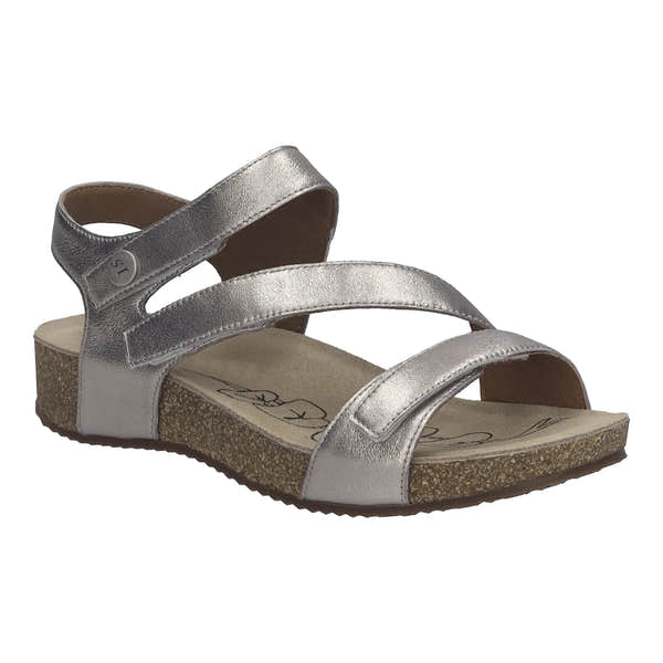 Josef Seibel Tonga 25 Ladies Champagne Silver Leather touch-fastening sandals with straps and cork footbed.