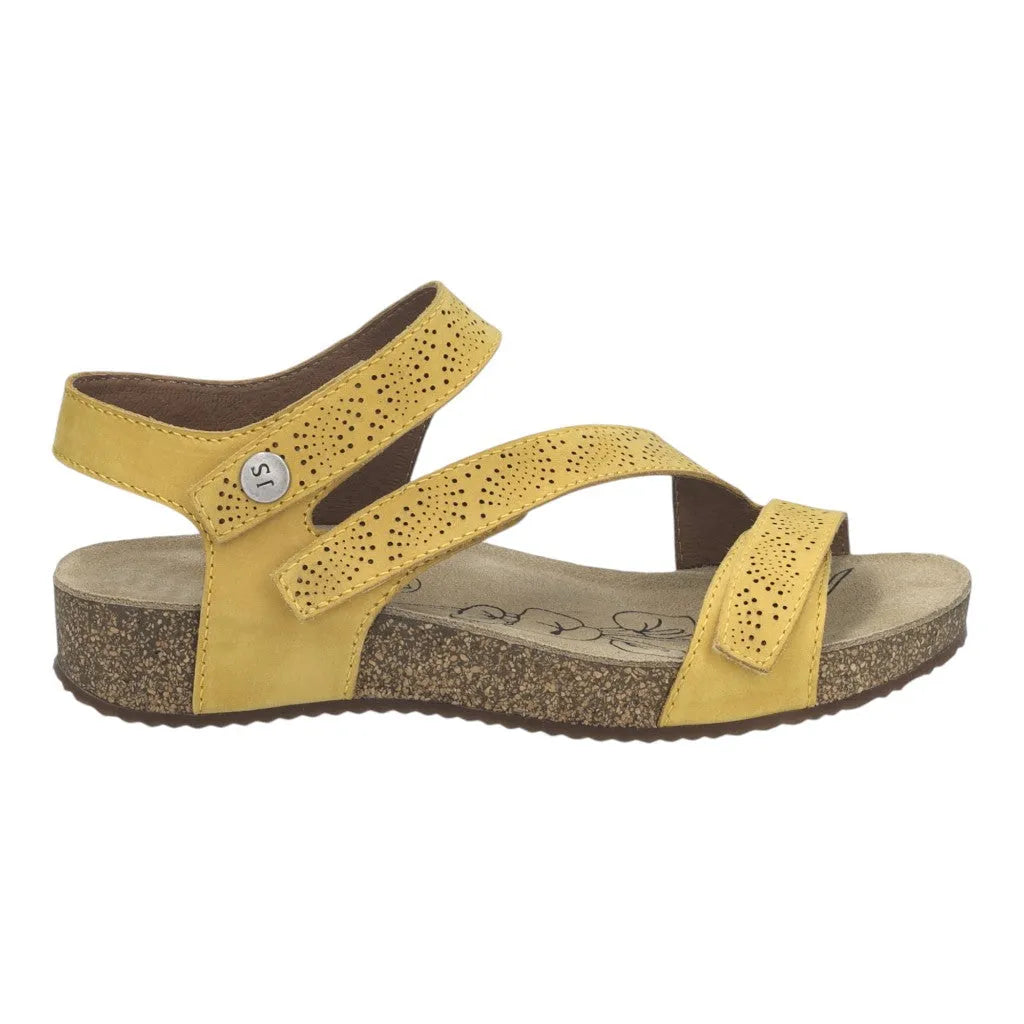  Josef Seibel Tonga 78 ladies yellow leather sandals with touch fastening straps and cushioned cork sole.
