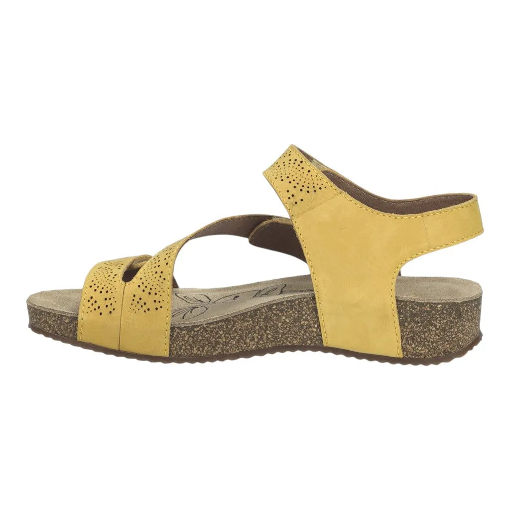 Josef Seibel Tonga 78 Ladies Amber Leather touch-fastening sandals with perforated straps and cork-inspired wedge sole.