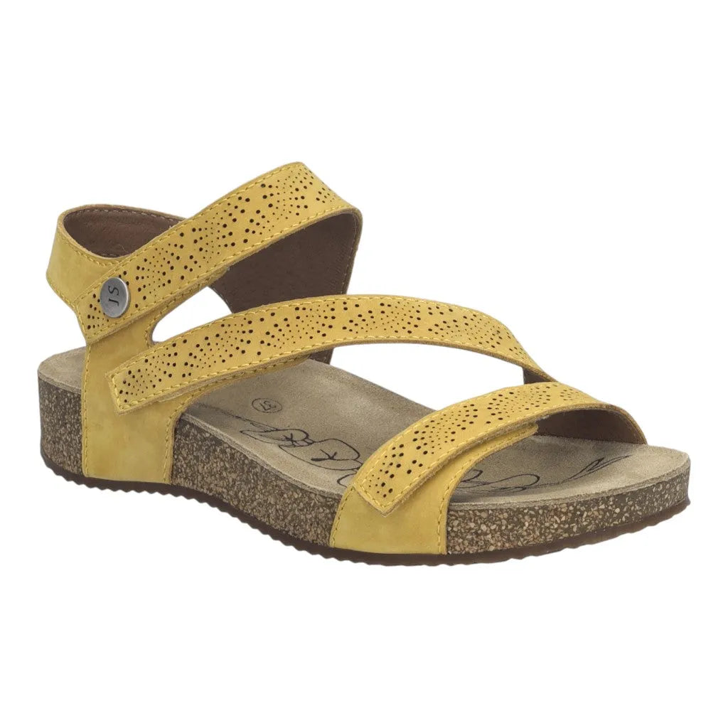 Josef Seibel Tonga 78 ladies amber leather sandals with touch fastening, perforated straps, cushioned footbed, and textured midsole.